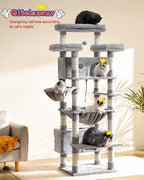 Cat Tree for Indoor Cats Large Adult, 74" Cat Tower with 3 Big Platforms, 2 Baskets, 2 Condos, Multi-Level Cat Scratching Posts, Light Gray GCT030W