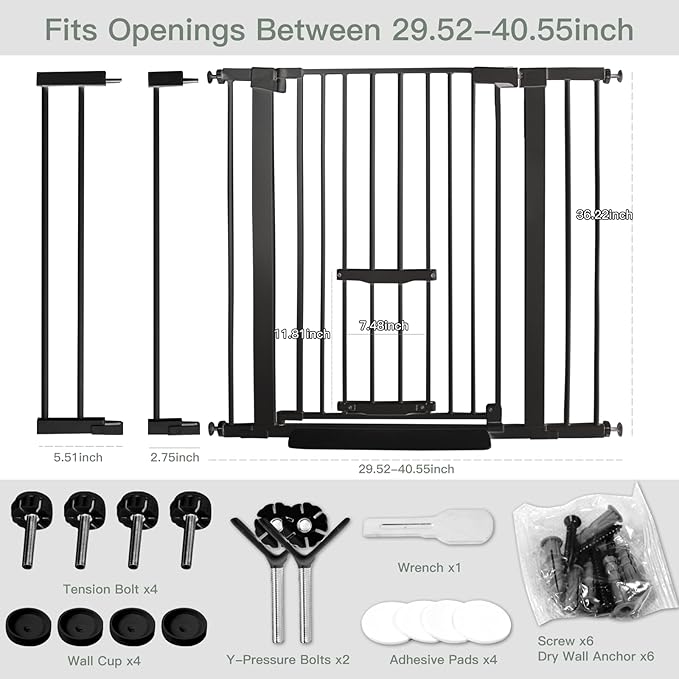 37 Inch Tall Baby Gate with Small Cat Door, Adjustable 29.5" and -40.55",Auto Close Dog Gate Pet Gate Easy Walk Thru Pet Door for Stairs, Doorway, House, Pressure Mounted Safety Child Gate