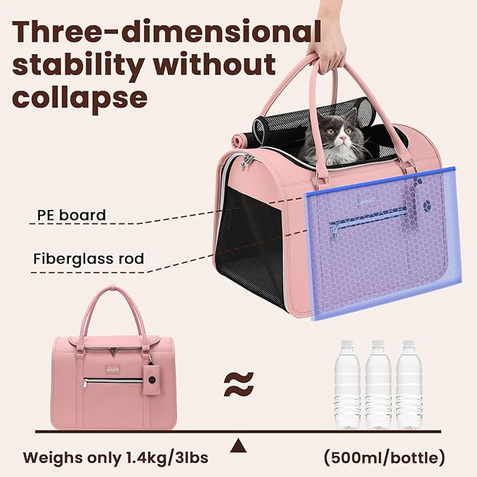 Pecute Stylish Cat Carrier Up to 13lbs, Soft Sided Small Dog Travel Carriers, Collapsible Pet Carrier for Small Cats and Dogs with Locking Safety Zippers, Puppy Carrier Airline Approved -Pink