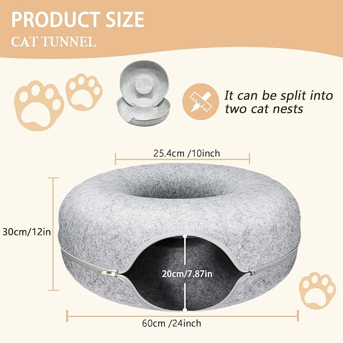 24inch-Tunnel Bed for Indoor,cattasaurus Peekaboo cat cave for Multiple,Detachable Felt Felt Washable Interior for Indoor Cats,Donut Tunnel (Light Gray)