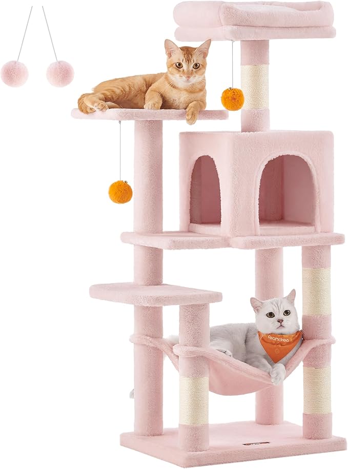 Feandrea Cat Tree, 44.1-Inch Cat Tower for Indoor Cats, Multi-Level Cat Condo with 4 Scratching Posts, 2 Perches, Hammock, Cave, Jelly Pink UPCT261P01