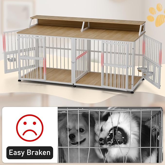 Dog Crate Furniture for 2 Dogs, 72" Extra Large Double Dog Cage Large Breed, XXL Thick Wooden Dog Crate with Storage Rack, Sturdy Dog Kennel with Removable Divider (Nature Wood & White)