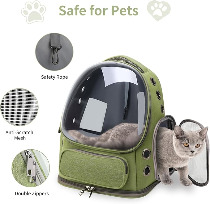 Cat Backpack Carrier for Cats and Small Dogs, Breathable Cat Bubble Backpack, Airline Approved Pet Travel Carrier for Hiking Camping Outdoor(Green)