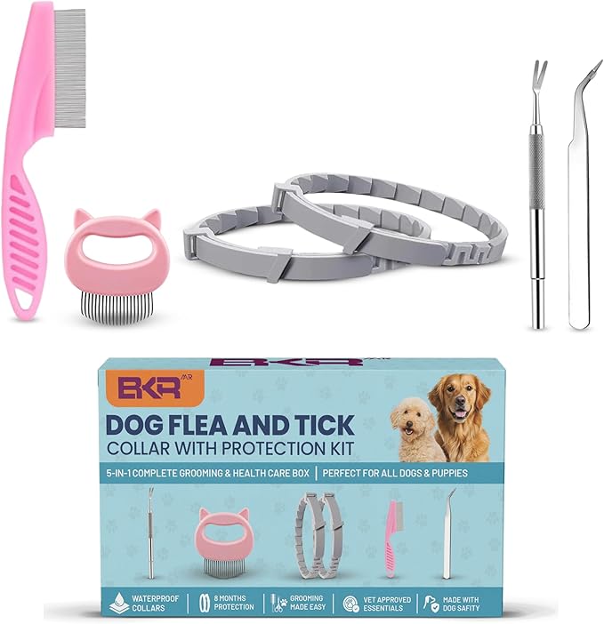 Dog Flea Collar 2 Pack 8-Month Protection, All Natural Flea Collar for Dogs, Includes Flea Comb, Shell Comb, Tick Tweezers & Tick Removal Tool 5-in-1 Dog Flea Protection Kit
