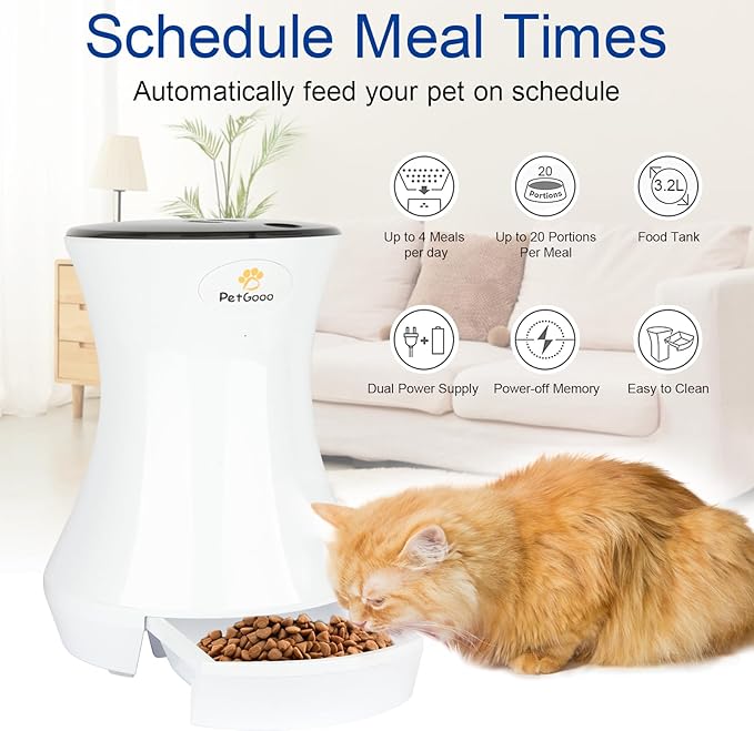 Automatic Cat Food Dispenser, 3.2L Automatic Timed Cat Feeders for Dry Food, Up to 20 Portions 4 Meals Per Day, Pet Feeder for Cats/Dogs