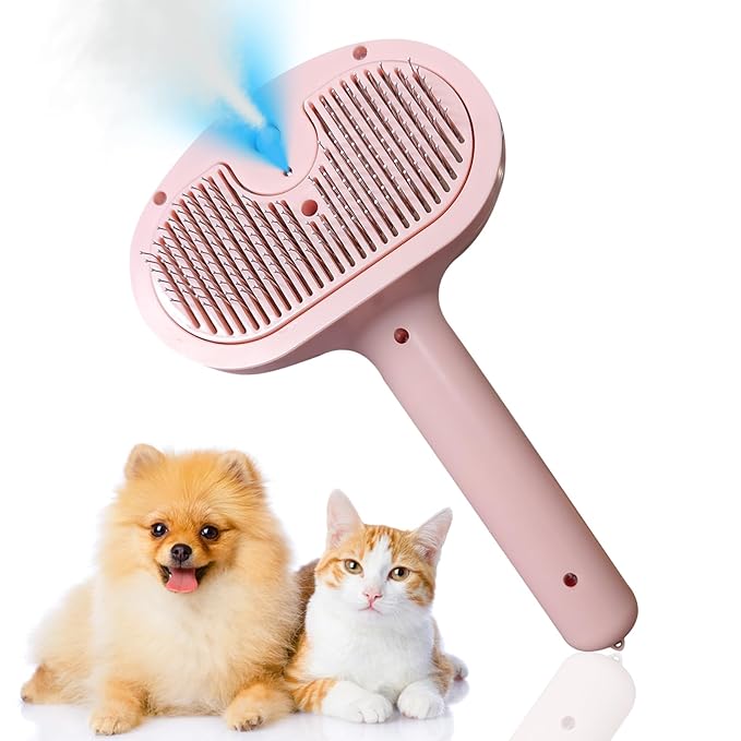 Cat Dog Grooming Brush 5-in-1 Pet Grooming Spray Brush Comb for Massaging and Cleaning Shedding Pet Hair, 1-Touch Release Button for Long/Short Hair Pets (Pink)