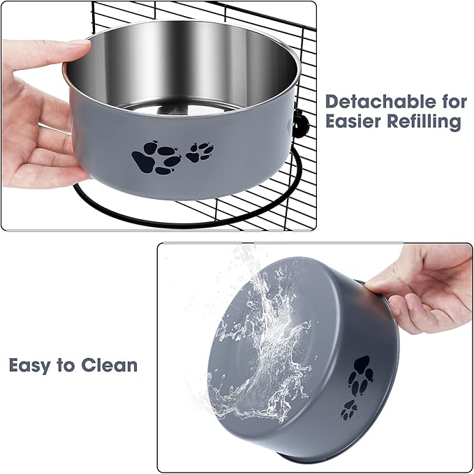 Hanging Dog Bowls for Kennel, ShineMe Stainless Steel Attachable Dog Bowls for Crates Hanging 2 Pack Food and Water Bowl No Spill for Medium and Small Sized Dogs (6.2x2.6” & 5.5x2.4”)