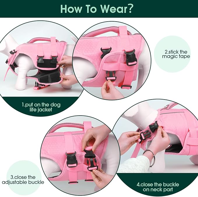 Kuoser Dog Life Jacket High Flotation, Reflective Dogs Life Vest for Swimming Boating, Adjustable Small Medium Large Dog lifejacket, Lightweight Dogs Life Preserver Rescue Handle Spring Summer Pool