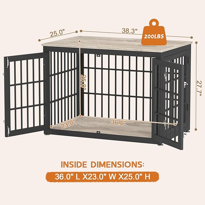 38 Inch Heavy Duty Dog Crate Furniture for Large and Medium Dogs, Decorative Pet House End Table, Wooden Cage Kennel Furniture Indoor, Grey