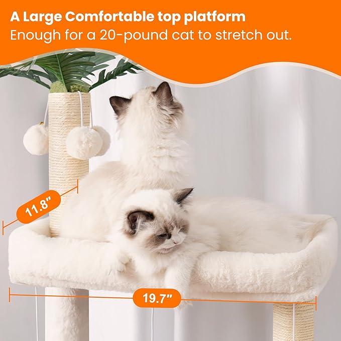 Heybly Wood Cat Tree for Indoor Cats, Cat Condo for Large Cats with Self Groomer, Modern Cat Scratching Tower with Basket, Hammock, Dangling Ball and Leaves, Walnut HCT120WB