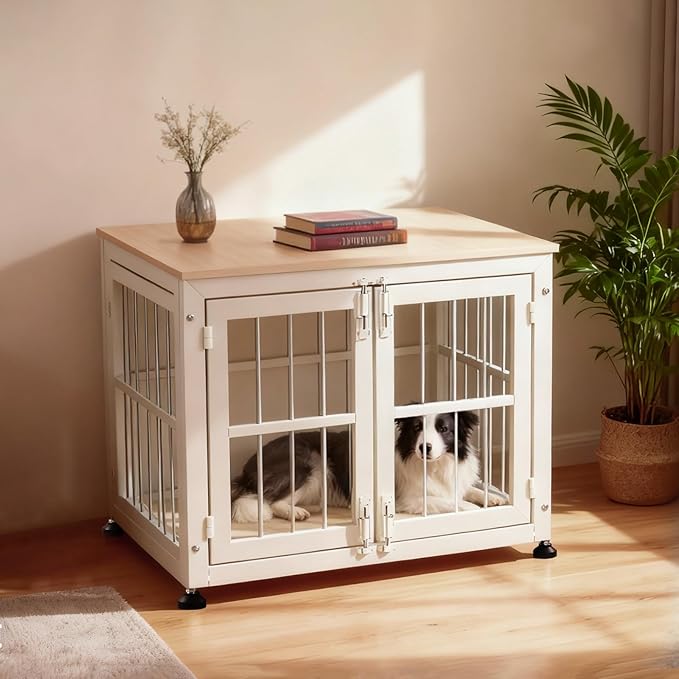 32 Inch Heavy Duty Dog Crate Furniture for Medium and Small Dogs, Decorative Pet House End Table, Wooden Cage Kennel Furniture Indoor with Double Doors, Sturdy Dog Cage for Anxiety Dog