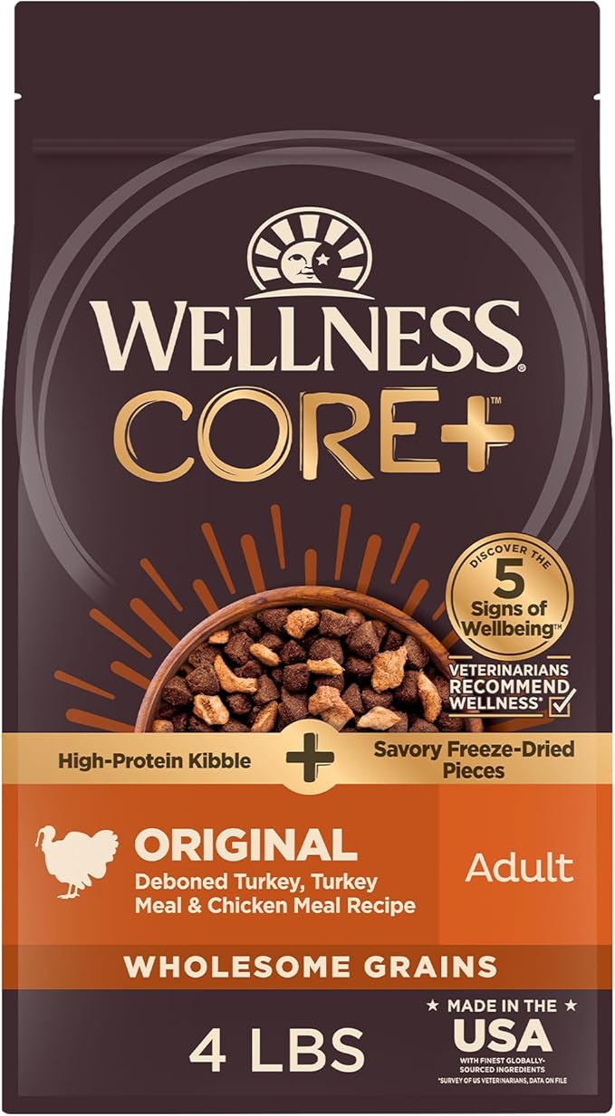 Wellness CORE+ (Formerly RawRev) Grained Dry Dog Food, Original Turkey & Chicken with Freeze Dried Turkey Recipe, 4 Pound Bag
