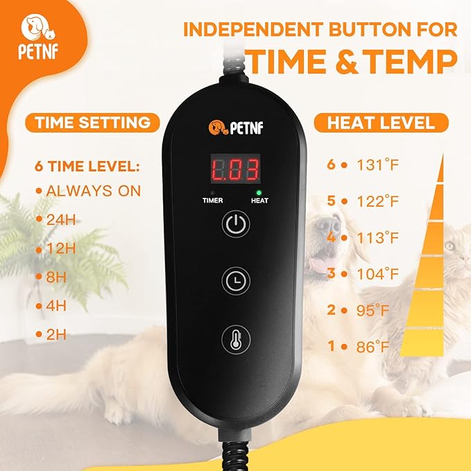 Outdoor Pet Heating Pad for Cats Dogs,Upgraded 6 Levels Adjustable Temp Cat Heating Pad with Timer,Electric Cat Heated Pad Mat for Dog Cat House,Waterproof Heat Pet Cat Bed with 6.69ft Chew Proof Cord