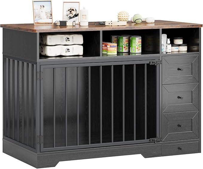 48'' Dog Crate Furniture, Farmhouse Heavy Duty Dog Kennel with Bowl & Storage Drawers, Medium Dog Cage End Table for Small Medium Dogs, Black