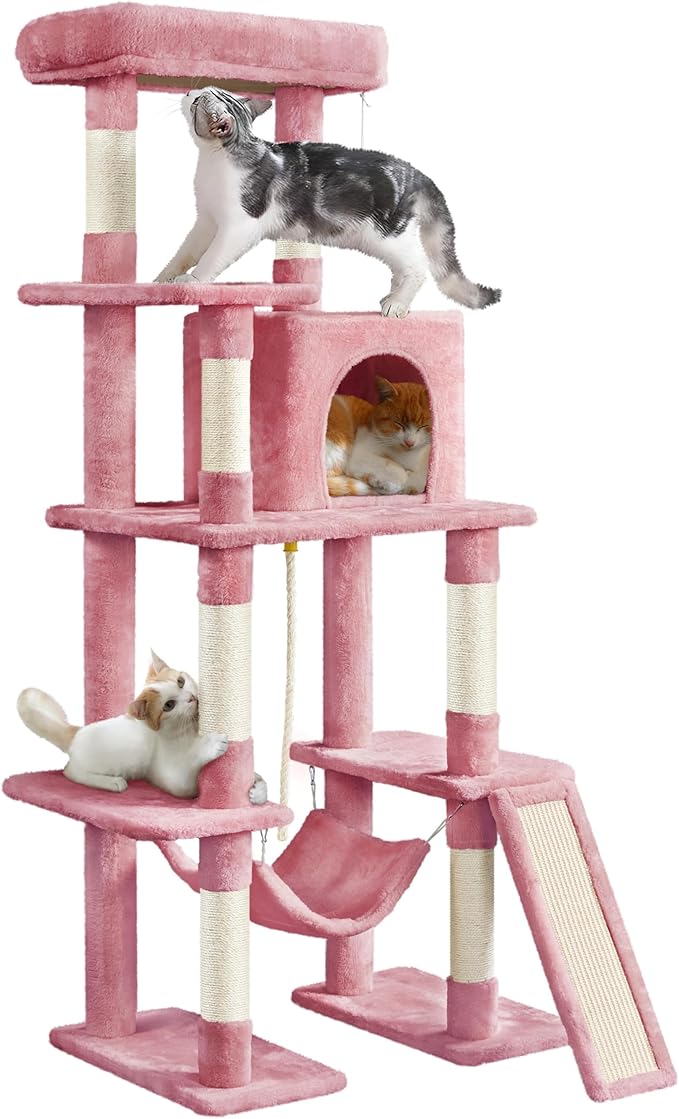 Yaheetech Cat Tree Cat Tower, 63in Multi-Level Kitten Tree w/Sisal-Covered Scratching Posts & Condo, Pet Furniture Activity Center for Kitty, Pink