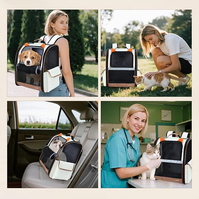 Lekereise Cat Backpack Carrier, Pet Carrier Backpack for Small Dogs Medium Cats Fit Up to 18 Lbs, Dogs Foldable Backpack Carrier for Travel, Hiking, Beige-Orange Ears