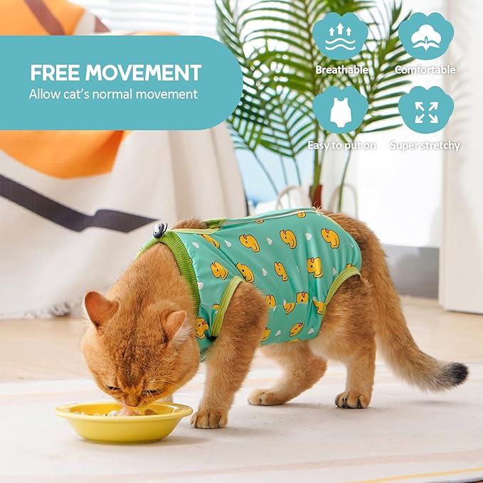 Avont Cat Recovery Suit - Kitten Onesie for Cats After Surgery, Cone of Shame Alternative Surgical Spay Suit for Female Cat, Post-Surgery or Skin Diseases Protection -Duck(M+)