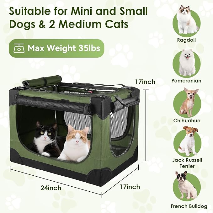 Soft Small Dog Crate - 24 inch Portable Travel Puppy Crate for Small Pets or 2 Cats, Collapsible Pet Carrier with 4 Mesh Doors, Car Kennel for Dogs with Handle for Indoor and Outdoor, Green