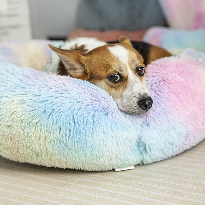 Anti Anxiety Round Fluffy Plush Faux Fur Warm Washable Dog Bed & Cat Bed, Original Bed for Small Medium Large Pets,Used to Relieve Joints and Improve Sleep（20"/24"/27''） (24", Rainbow)