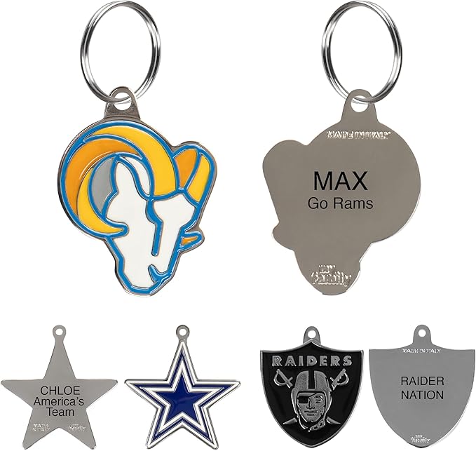 NFL Los Angeles Rams Engraving Pet ID Tags 32 Team Logo Shapes Personalized Dog & Cat Tags 3 Lines Text Tracking & Safety Stainless Steel