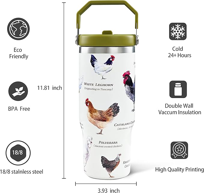 30oz Chicken Tumbler with Handle and Straw, Stainless Steel Vacuum Insulated Coffee Tumbler, Travel Mug Water Bottle, chicken Stuff Accessories Decor, chicken Gifts for Women