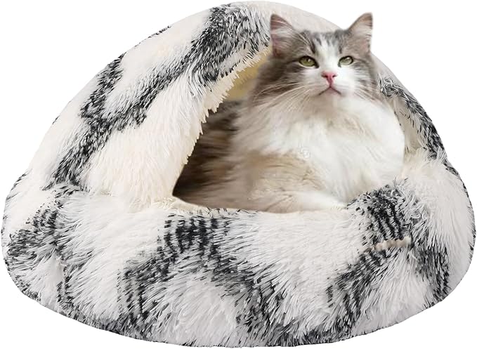 HYQ Small Dog Bed with Cover Cave, Cozy Cat Cave Bed, Round Puppy Bed with Hooded Cover, Cat Beds for Indoor Cats Washable, Dog Beds for Small Dogs with Anti-Slip Bottom (Grey-White, 16×16 Inch)