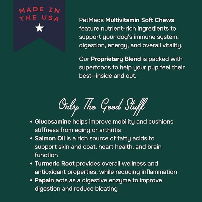 PetMeds Multivitamin Supplement for Dogs - Daily Vitamin with Kelp, Spirulina, Ashwagandha, Glucosamine & Probiotics for Immune, Joint, Skin & Gut Health - Beef & Sweet Potato Flavor - 60 Soft Chews