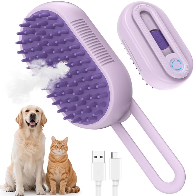 4 in 1 Pet Steam Brush for Shedding,Rechargeable cat brushes for indoor cats,Quiet Detangling Brush for Long Haired Cats and Dogs(Purple)