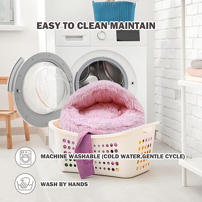 Cat Bed Calming Cat Beds,Indoor Washable Cat Bed，Anti-Slip Faux Fur Fluffy Cuddler Anxiety Cat Bed,Warming Cuddler Cushion Bed for Small Medium Dogs and Cats (Pale Pink, 20 * 20inch)