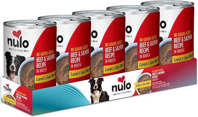 Nulo Beef & Salmon in Broth Land & Sea Pate Wet Canned Dog Food, 12 Ounce, Cans Pack of 5