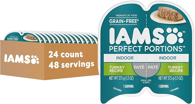 IAMS Perfect Portions Indoor Adult Grain Free Wet Cat Food Pate, Turkey Recipe, 2.6 oz. Twin-Pack Trays (24 Count, 48 Servings)