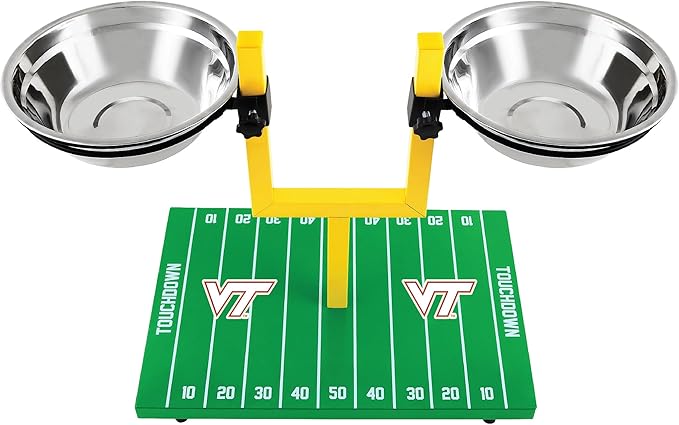 NCAA Virginia Tech Hokies Goalpost Football Field Dog Feeder – Adjustable Elevated Dog Bowls with Stand, 2 Stainless Steel Bowls, Non-Slip Rubber Feet, Raised Pet Feeder for Large & Small Dogs