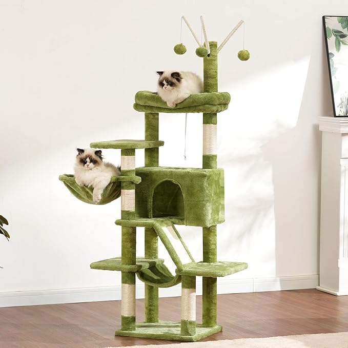 Cat Tree, 63 inch Multi-Level Cat Tower for Indoor Cats, Cat Condo with Cat Scratching Post and Board, Cat Hammock, Green GCT011GR