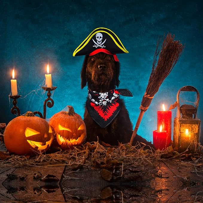 2 Pieces Skull Print Pet Pirate Hat with Pirate Skull Bandana Dog Cat Captain Cap Halloween Pirate Cosplay Costume Halloween Party Hat Dress Up Costume Accessories (C) One Size