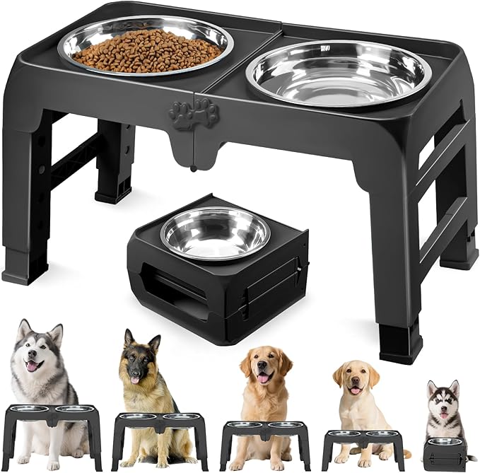Elevated Dog Bowl Stand for Large Dogs - 2 Extra Large 10” Stainless Steel Bowls, 5 Adjustable Heights(7.5"-15.4"), Foldable Non-Slip & Durable, Portable Heavy Duty Travel Dog Feeder, Black