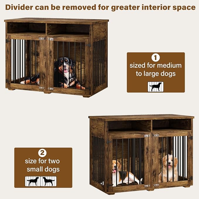 Furniture Dog Crate for Two Dogs, 41 Inch Furniture Style Dog Kennel with Removable Divider and Thickened Desktop, Heavy-Duty Base for Small to Medium Dogs, Rustic Brown
