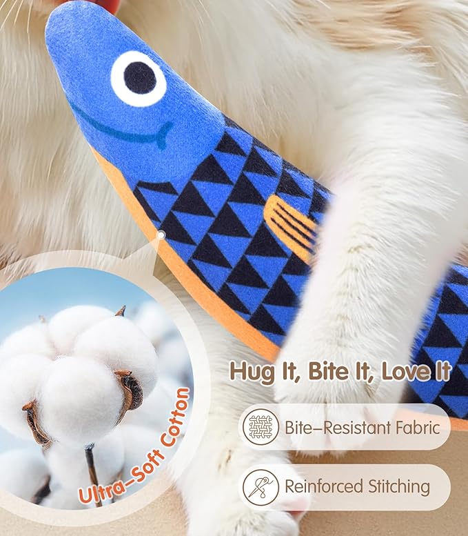 Cat Toys with[5000mg A+Natural Catnip &Silvervine] [Baby Grade] Interactive Soft Chew Kicker Cat Toys for Indoor Cats & Kittens, [Crinkle &Bell] Fish Sound Toy, Drives Bored Cat Crazy with Fun