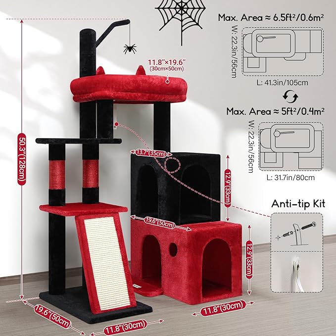 Globlazer Gothic Cat Tower for Indoor Adult Cats, 50-inch Heavy Duty Goth Cat Tree for Big Cats, Maine Coon Cat Tree with Extra-Large Padded Platform, 2 Large Condos, F50