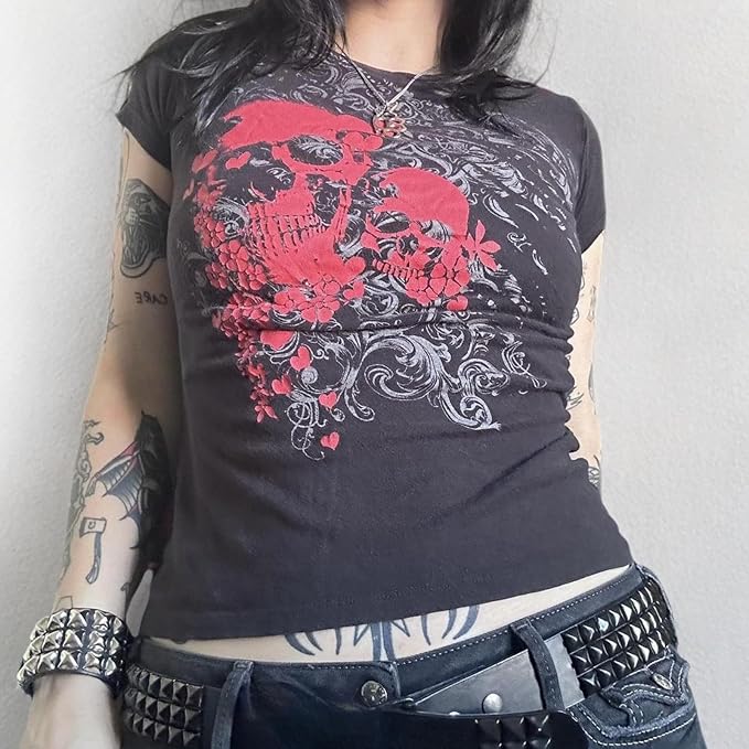 Women Y2K Graphic T-Shirts Summer Short Sleeve Punk Gothic Tee Tops Vintage 90s Aesthetic Emo Clothes Streetwear