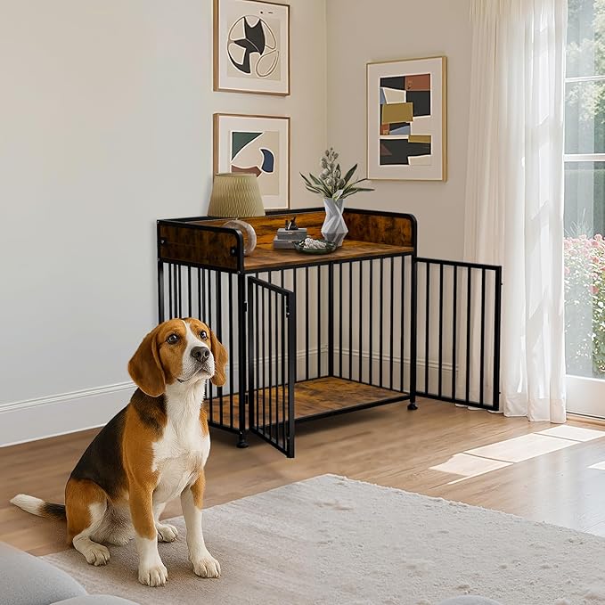 Large Dog Crate Furniture, Dog Kennel Indoor, Heavy Duty Dog Crate for Large Medium Dogs 42 Inch, Wooden Dog Cage Brown End Table with Table Guardrail