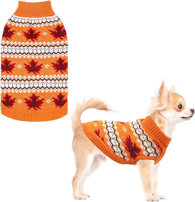 KOOLTAIL Cable Knit Dog Sweater Turtleneck, Cold Weather Pullover Classic Knitwear, Thick Warm Winter Pet Clothes, Fall Maple Leaves Thanksgiving Dog Sweater for Small Medium Large Dogs Cats, Orange S