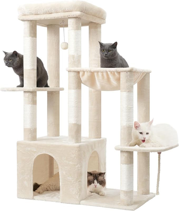 Heybly Heavy Duty Cat Tree, Tower for Indoor Cats Large Adult, Tall Cat Condo House with Extra-Large Baseboard, Multi-Level Plush Furniture with Scratching Posts, Hammock, Toy Ball, Beige HCT026M