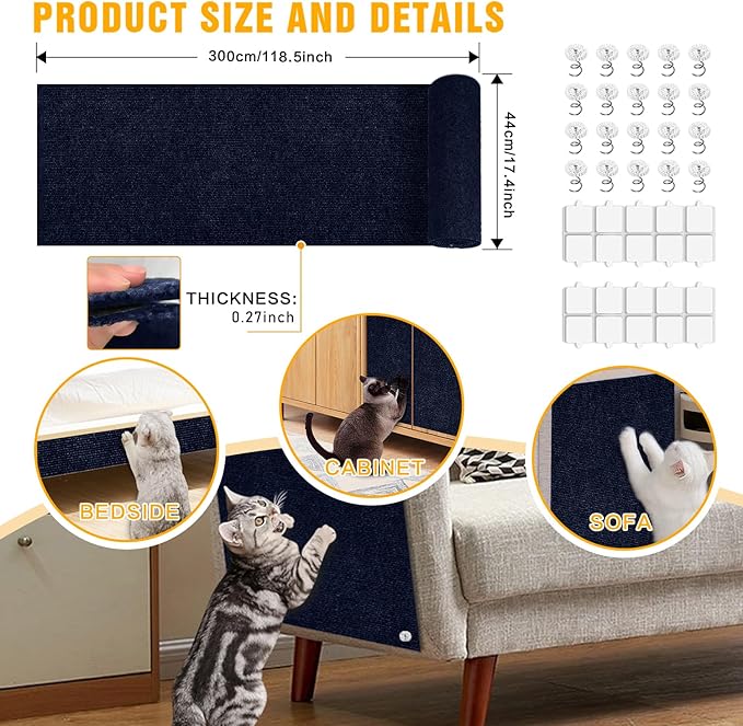 Cat Scratch Mat,118.5"x17.4" Trimmable Self-Adhesive Cat Scratch Furniture Protector, Sticky Cat Scratcher Wall Mat, Covering Cats Tower, Couch Protector from Cats Claws (Dark Blue)