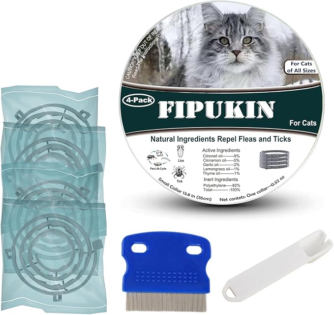 Natural Ingredients Flea Collar for Cats, Safe and Effective Flea and Tick Repellent, Waterproof, 8 Months Protection Each, Free Comb and Tick Scoop, One Size Fits All, 13.8 inch, 4-Pack