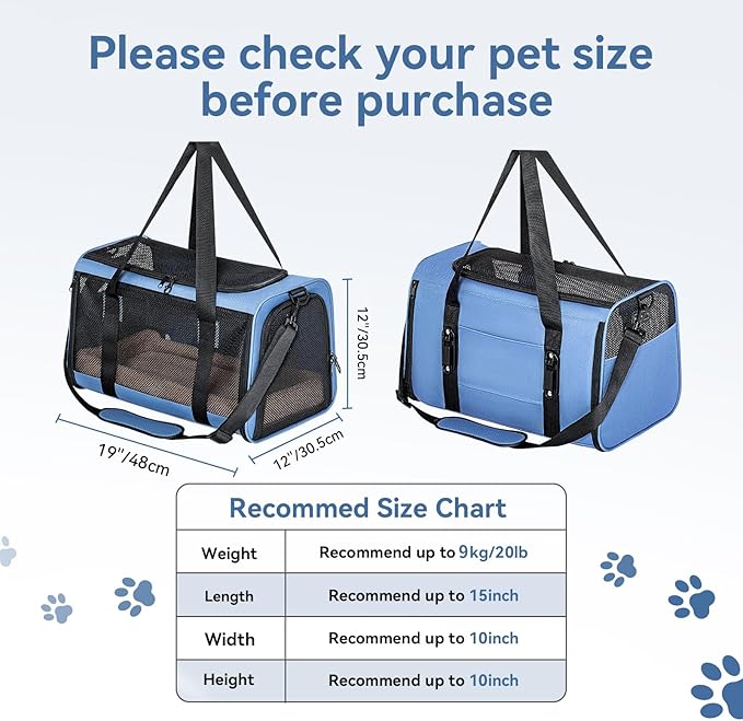 PETSFIT Soft-Sided Cat Carriers & Car Seats with Patent Safe Buckles, Clip-On Harness, 19"x12"x12" Pet Travel Carrier - 20 lbs Capacity (Blue)
