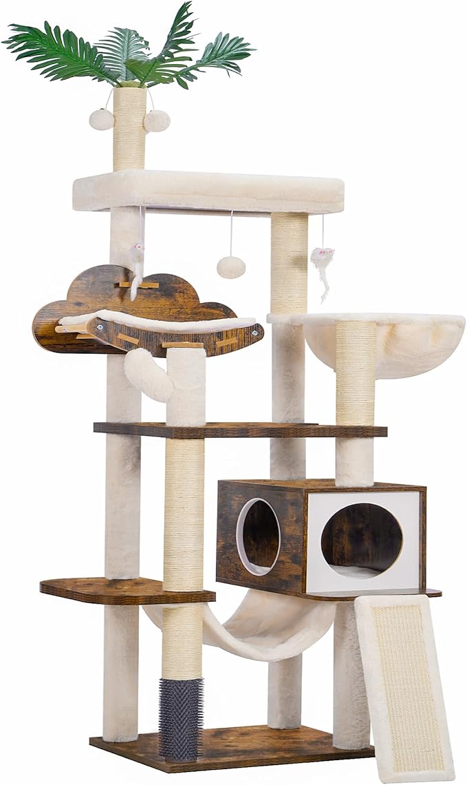 Heybly Wood Cat Tree for Indoor Cats, Cat Condo for Large Cats with Self Groomer, Modern Cat Scratching Tower with Basket, Hammock, Dangling Ball and Leaves, Rustic Brown HCT120SR
