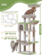 Taoqimiao MS042W Cat Tree,66-inch Large Cat Tower with Scratching Posts, Luxurious Large Platform for Big Cats with Soft Hammock, Adjustable Basket, Deluxe Cat Cando, Top Perch Light Gray