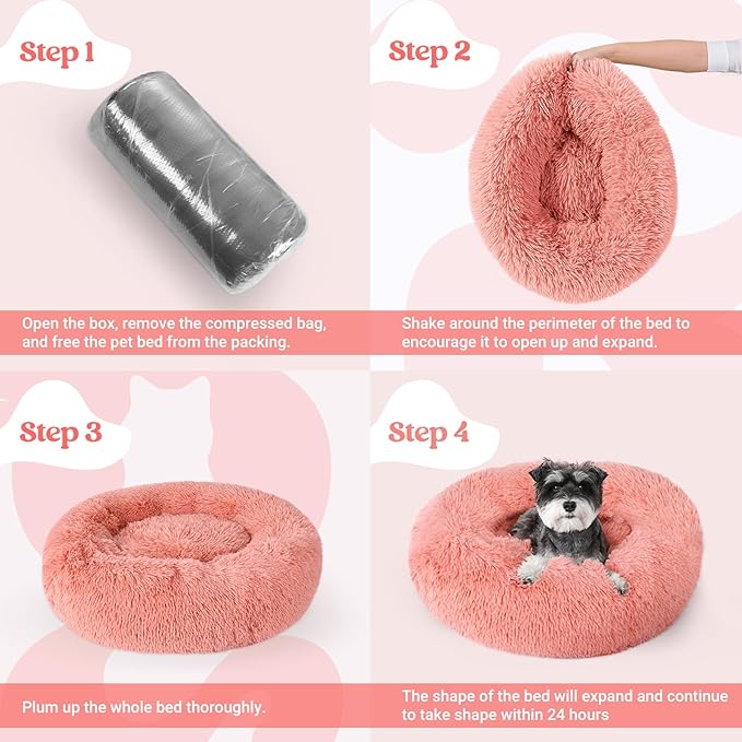 rabbitgoo Dog Bed for Small Dogs, 24 inches Washable Small Dog Bed, Fluffy Donut Dog Bed Anti-Slip, Calming Soft Plush Round Pet Bed for Dogs, Fits up to 18 lbs Pets, Pink