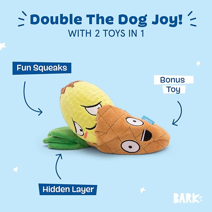 Barkbox Dog Toy 2 in 1 Interactive Plush Exterior with Squeaker & Crinkle Material, Tearable Dog Toy with Squeaky Spikey Ball Inside, Ideal for Toy Destroyers - Penny The Pineapple, Small