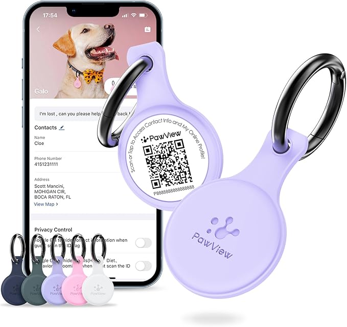 Dog ID Tag with QR Code & NFC, Silent Silicone Dog Name Tags Personalized for Pets- Scan QR for Instant Location Alert, Emergency Contact and Modifiable Pet Profile (Purple)